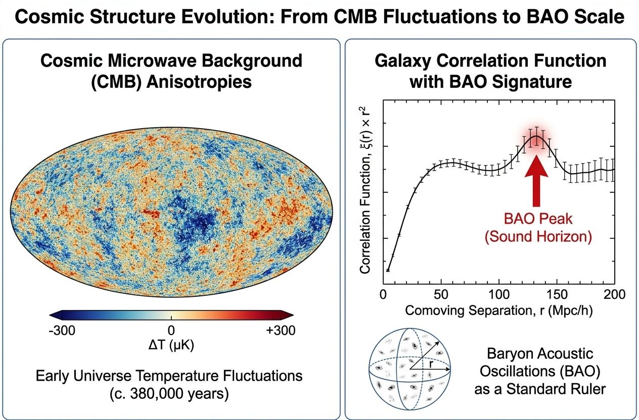 Composite visualization combining a CMB temperature map and a schematic BAO peak in galaxy correlation data, illustrating independent evidence for dark energy