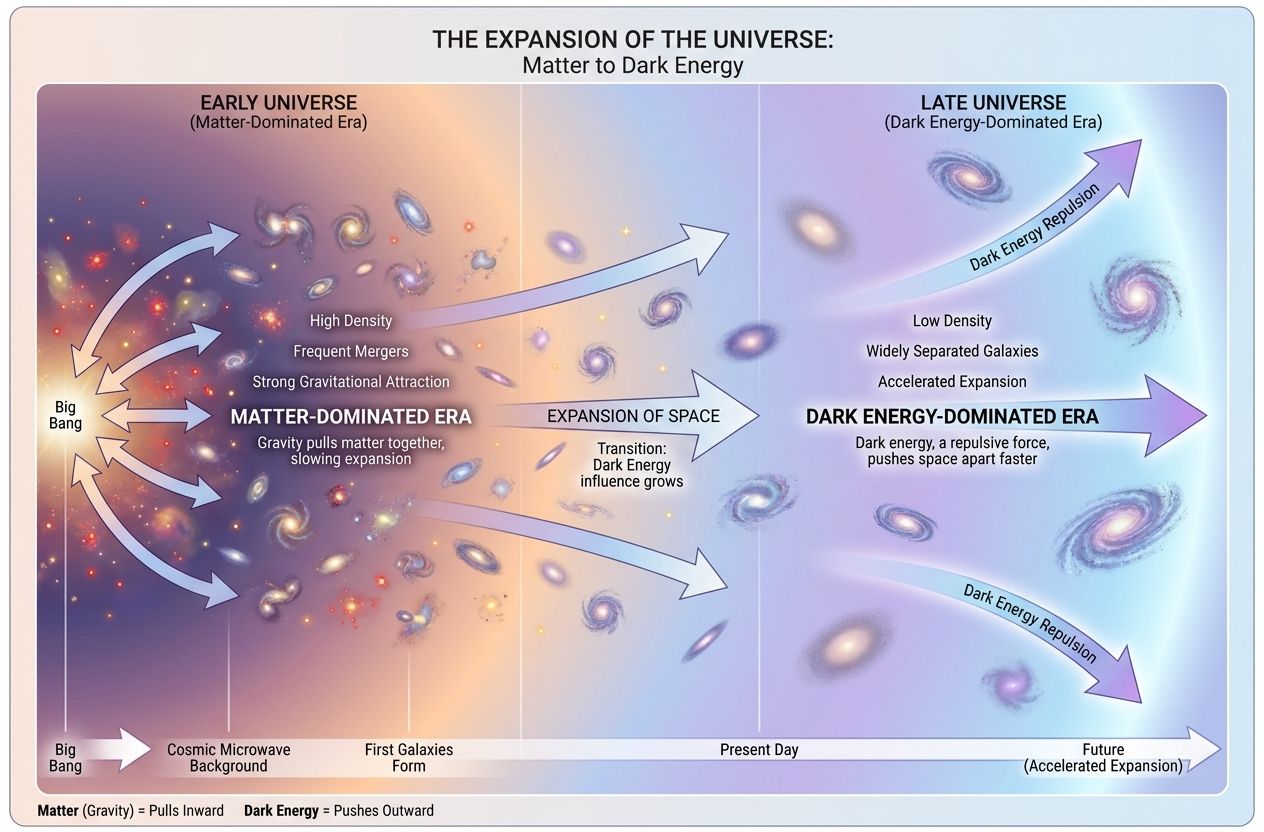 Infographic-style depiction of the universe transitioning from a matter-dominated era to a dark energy-dominated era, showing galaxies moving farther apart