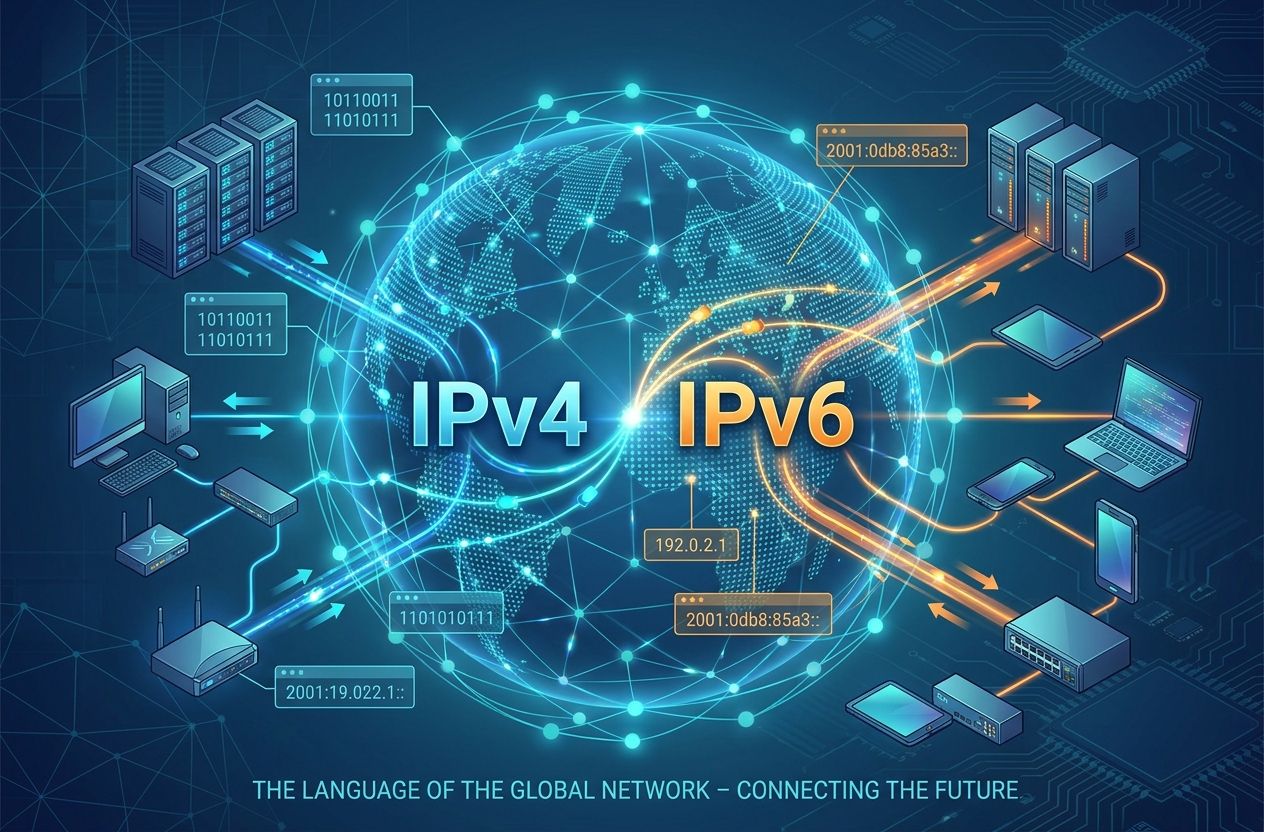 Illustration of a global network showing IPv4 and IPv6 nodes, packet flows, and network devices representing the Internet Protocol