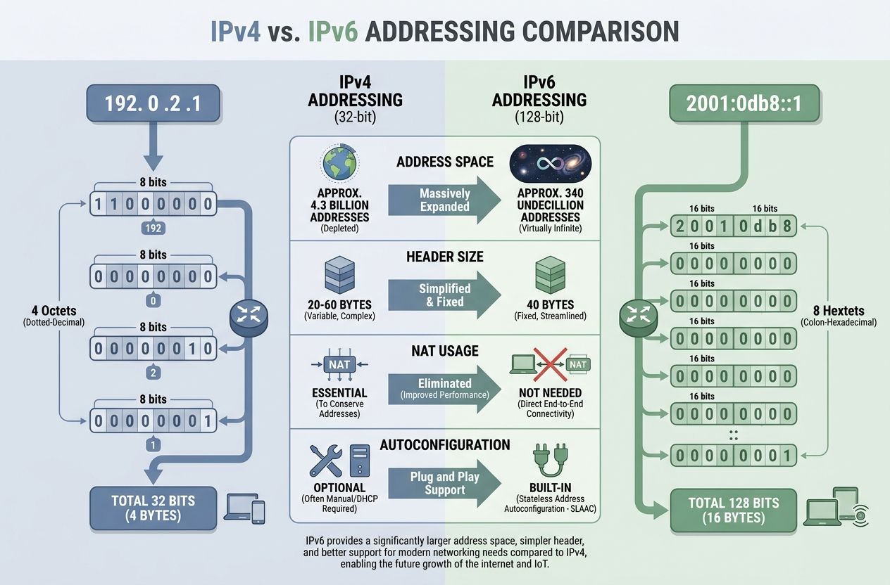 Infographic comparing IPv4 and IPv6 addresses, showing examples and differences