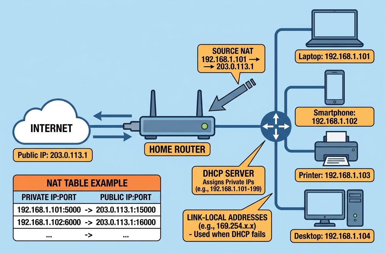 Diagram showing a router performing NAT for devices with private IP addresses on a local network