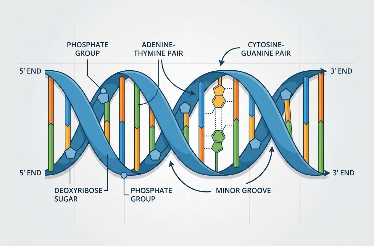 Diagram of DNA double helix with labeled sugars, phosphates and base pairs