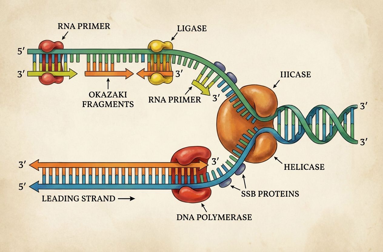 Diagram showing DNA replication fork with helicase, primers, DNA polymerase and Okazaki fragments