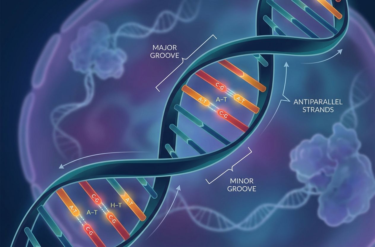 Illustration of a DNA double helix showing the sugar-phosphate backbone, complementary base pairs, and major/minor grooves