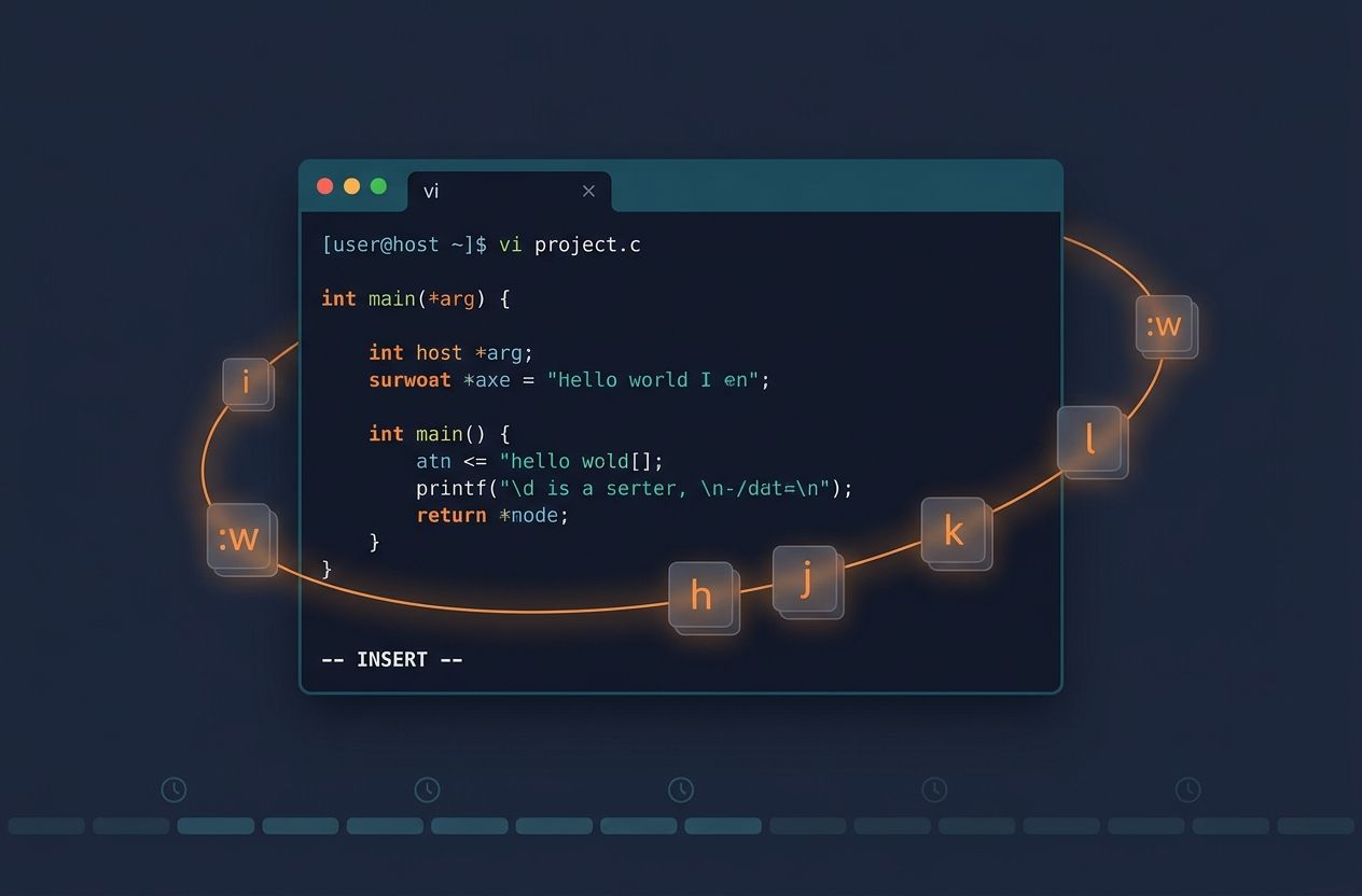 Terminal window displaying the vi editor interface with highlighted commands and a small timeline illustrating vi's history