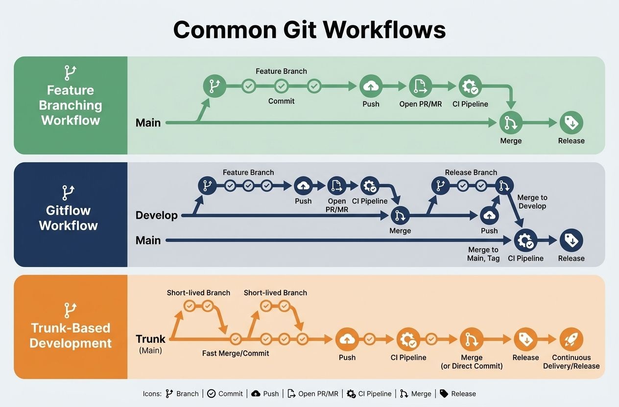 Diagram comparing feature branching, Gitflow and trunk-based development workflows