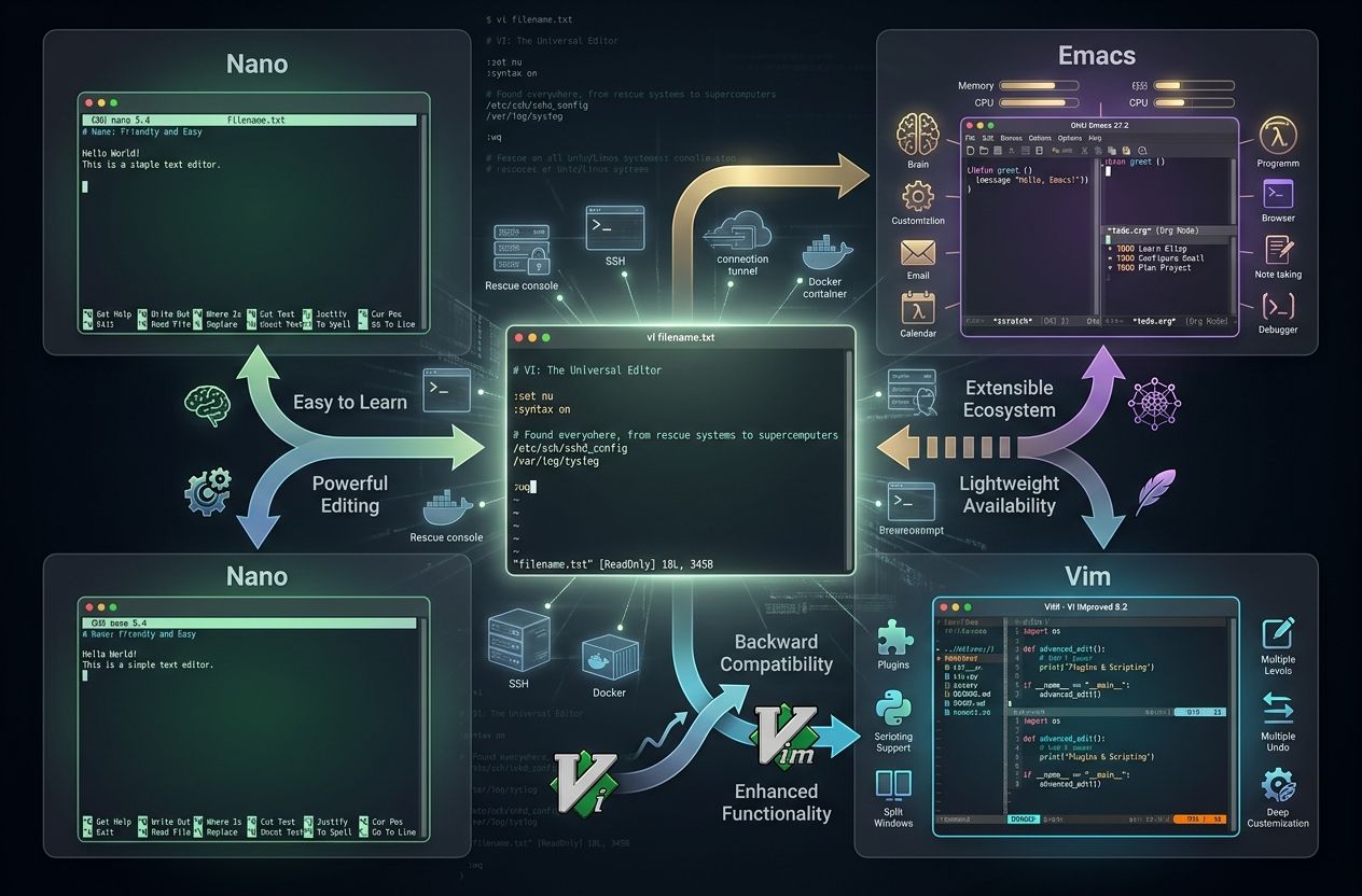 Technical infographic comparing the VI text editor with Nano, Emacs, and Vim, highlighting ease of use, extensibility, advanced features, and VI's availability across Unix and Linux systems