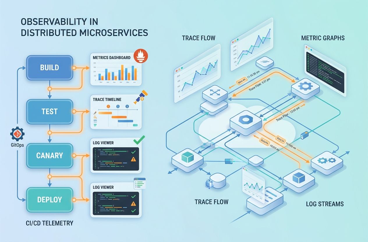 Illustration showing microservices connected by traces, metrics and logs with an adjacent CI/CD pipeline and telemetry dashboards