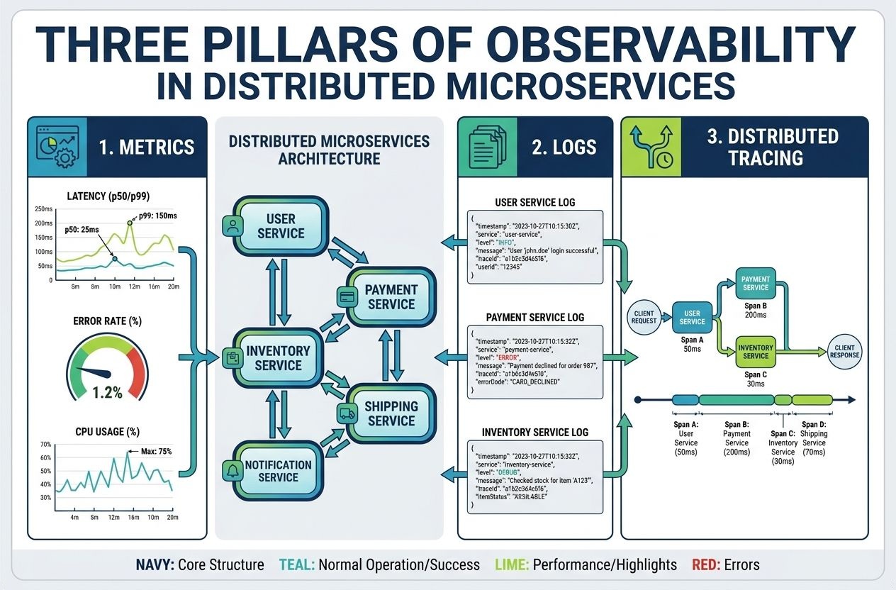Infographic diagram illustrating metrics, logs and distributed tracing across microservice nodes