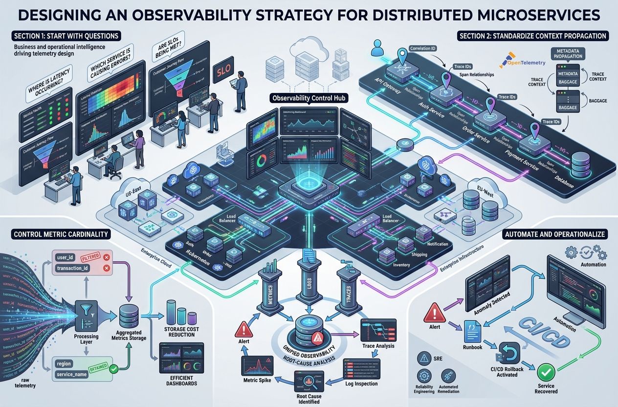 Technical infographic showing an observability strategy for distributed microservices, including distributed tracing, metrics, logs, centralized monitoring, alerting, and automated incident response across a cloud-native architecture