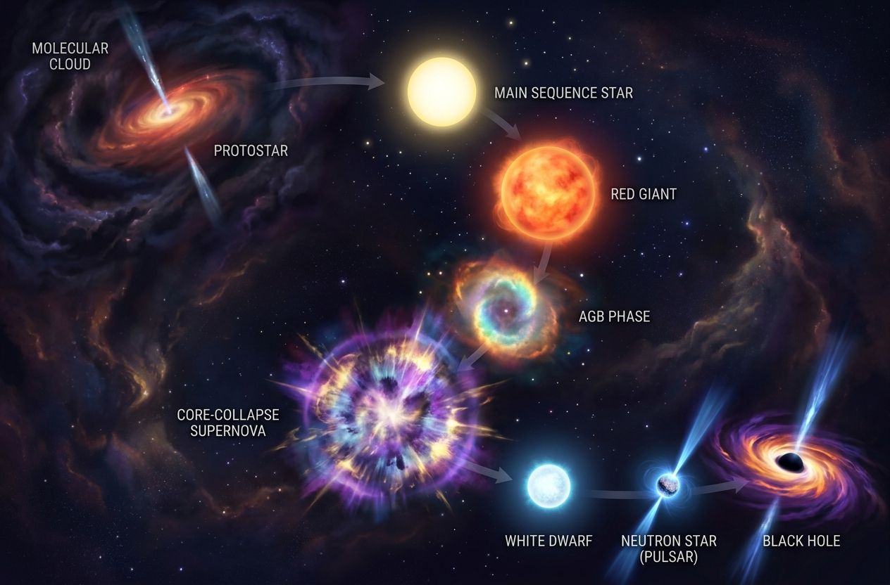 Infographic-style depiction of stellar evolution from molecular cloud and protostar to main-sequence star, red giant, supernova, and compact remnants (white dwarf, neutron star, black hole)