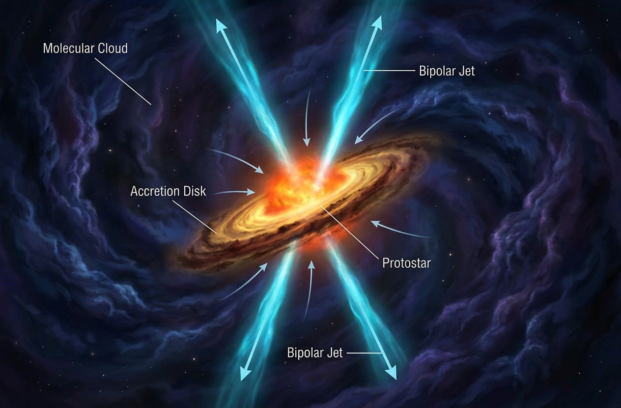 Protostar embedded in a filamentary molecular cloud with an accretion disk and bipolar jets