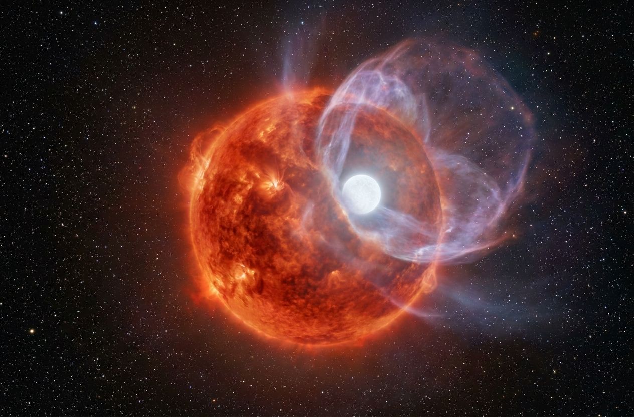 Red giant star expanding and shedding its outer layers, illustrating the AGB phase