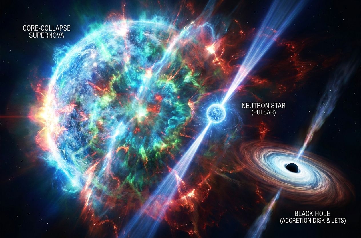 Core-collapse supernova explosion with colorful ejecta, showing a neutron star and a black hole as possible remnants