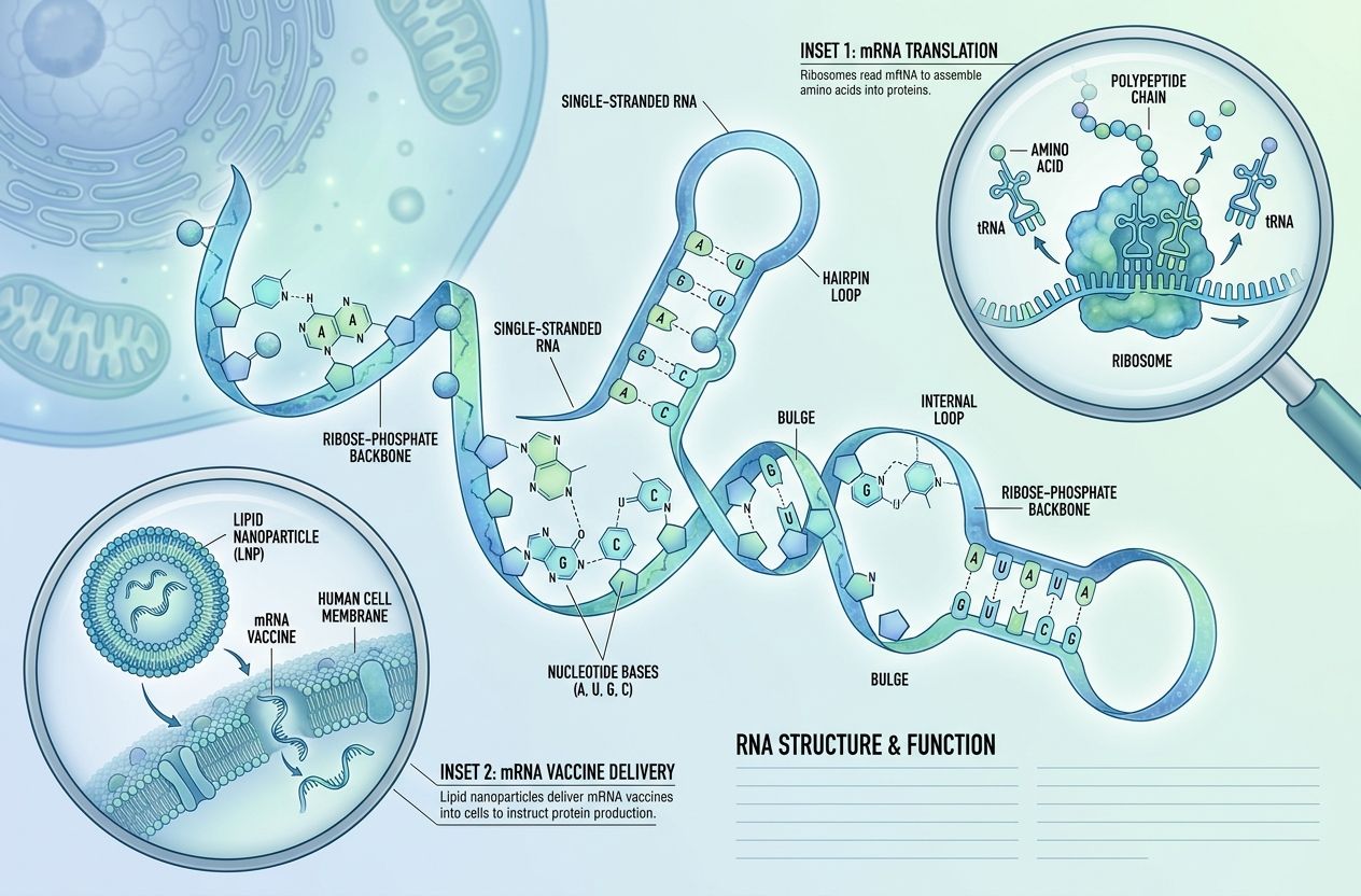 Infographic of an RNA strand folding into secondary structures, ribosome translating mRNA with tRNA, and an mRNA vaccine lipid nanoparticle entering a cell