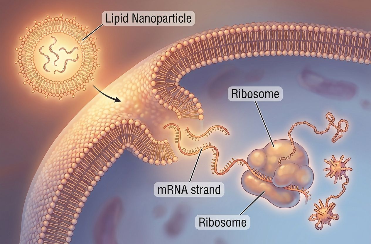 Illustration of a lipid nanoparticle delivering mRNA into a cell and ribosomes translating the mRNA into protein