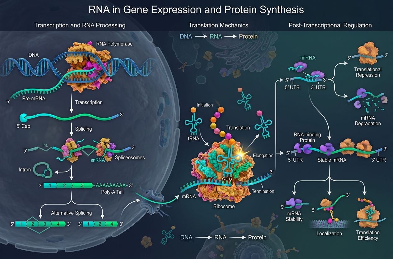 Illustration showing RNA's role in gene expression, including DNA transcription, RNA processing, protein synthesis by ribosomes, and post-transcriptional regulation by miRNAs and RNA-binding proteins