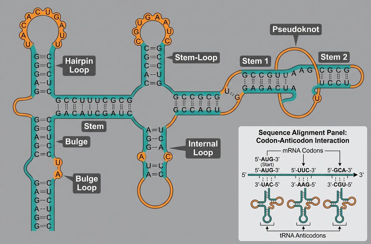 Diagram of RNA secondary structures (hairpins, loops, pseudoknots) with base-pair annotations and mRNA-tRNA codon-anticodon inset