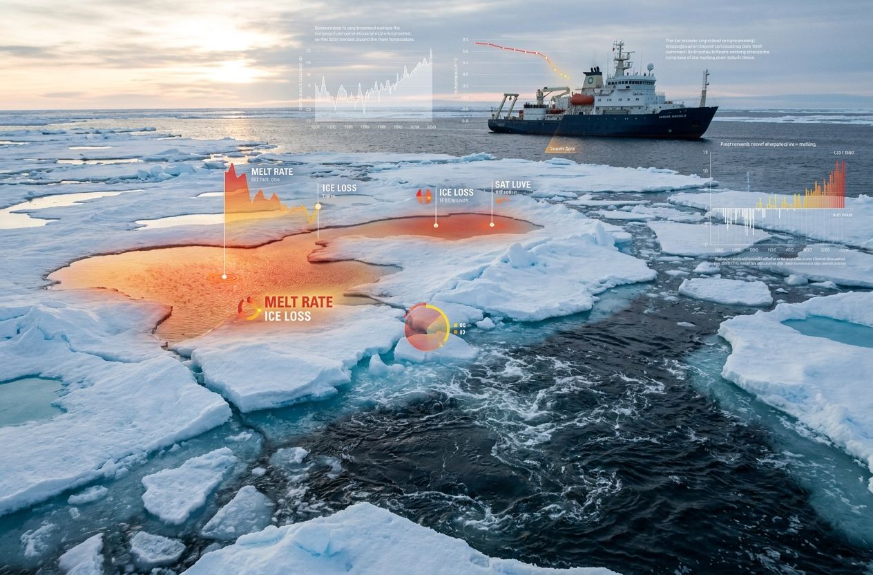 Melting Arctic sea ice with a research vessel and overlay of temperature anomaly, illustrating rapid polar warming