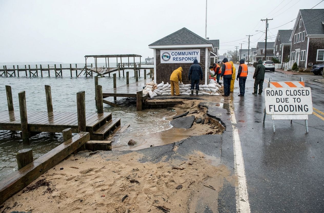 Coastal town threatened by sea level rise with visible flooding and community adaptation measures
