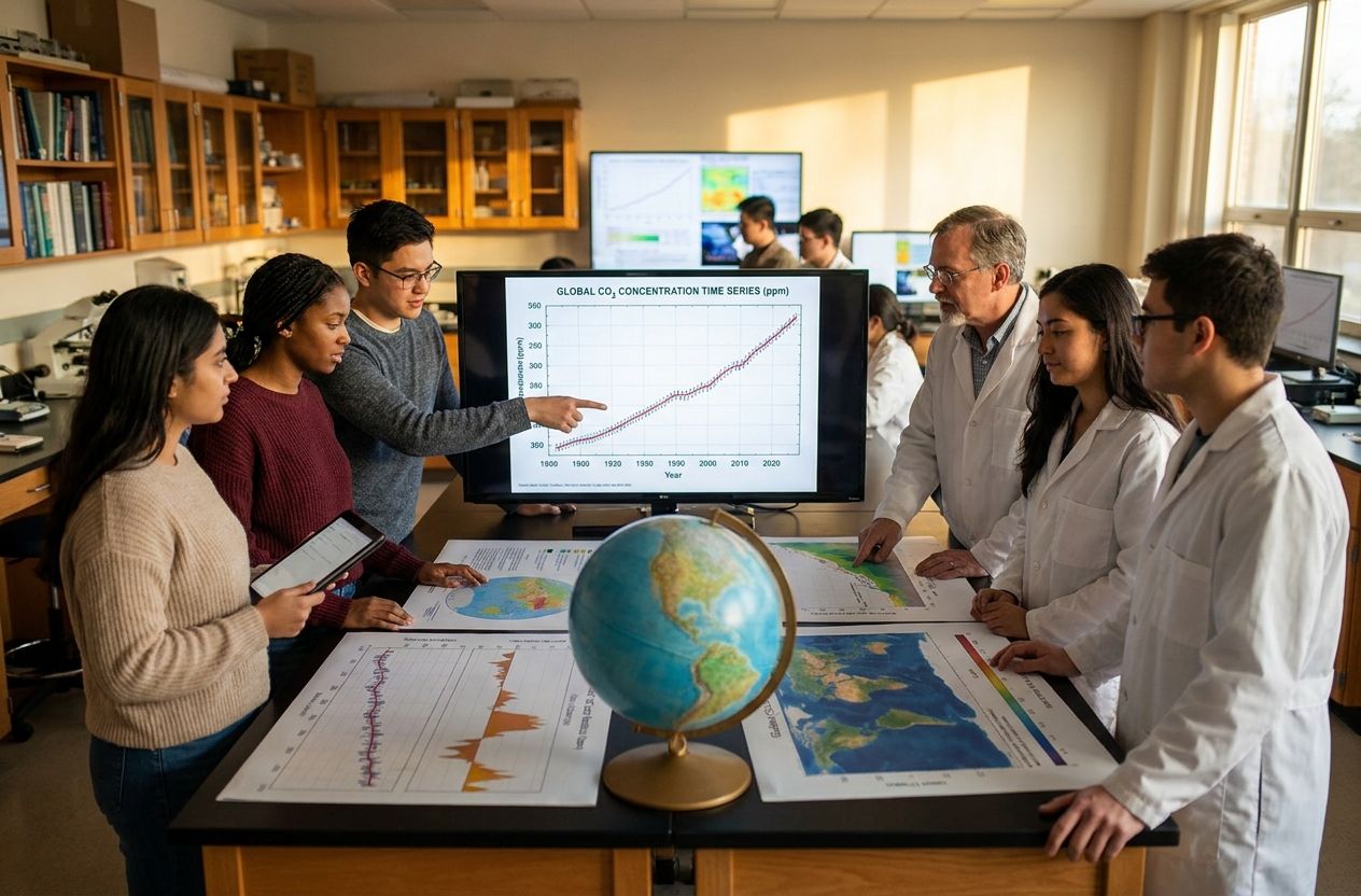 Students and teacher analyzing climate data and CO2 time series in a classroom setting