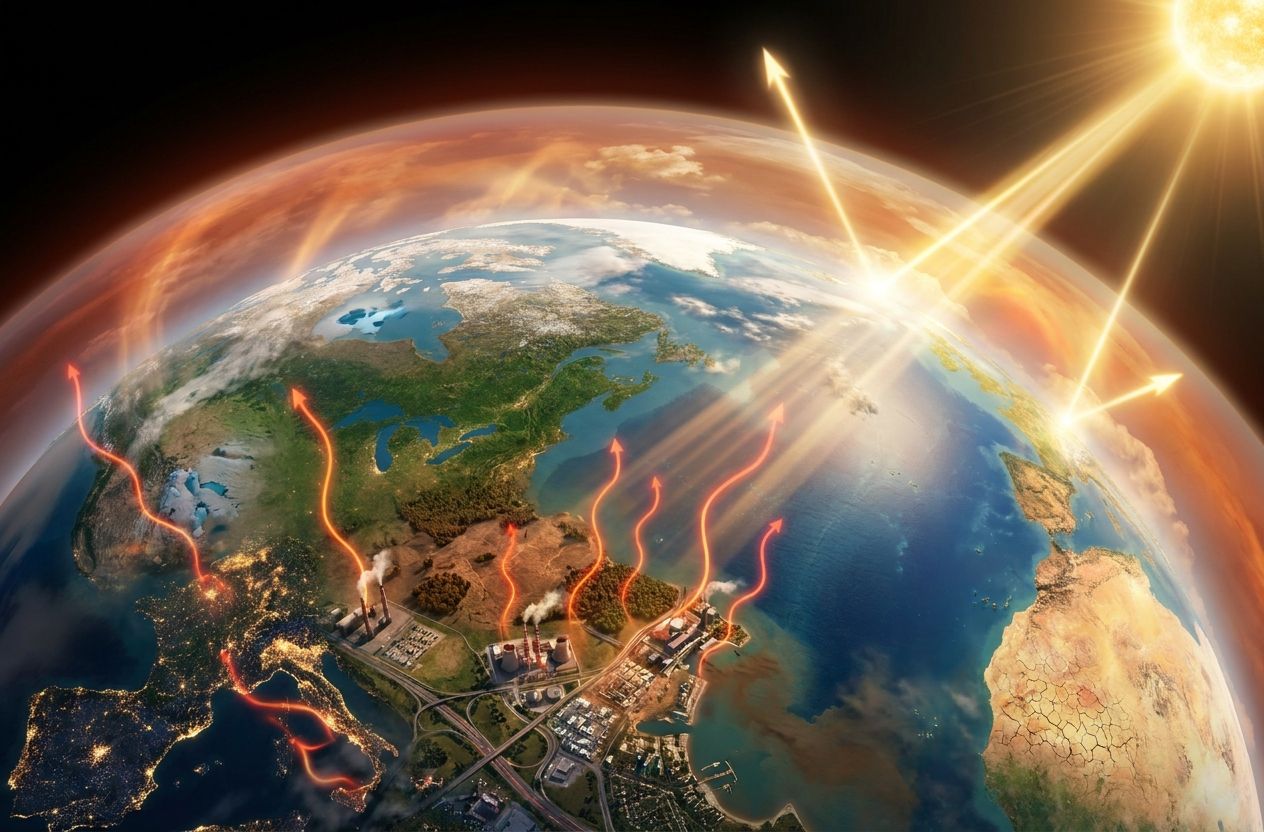 Illustration of the greenhouse effect showing sunlight entering Earth's atmosphere, heat being trapped by greenhouse gases, and the impact of human activities on global warming.