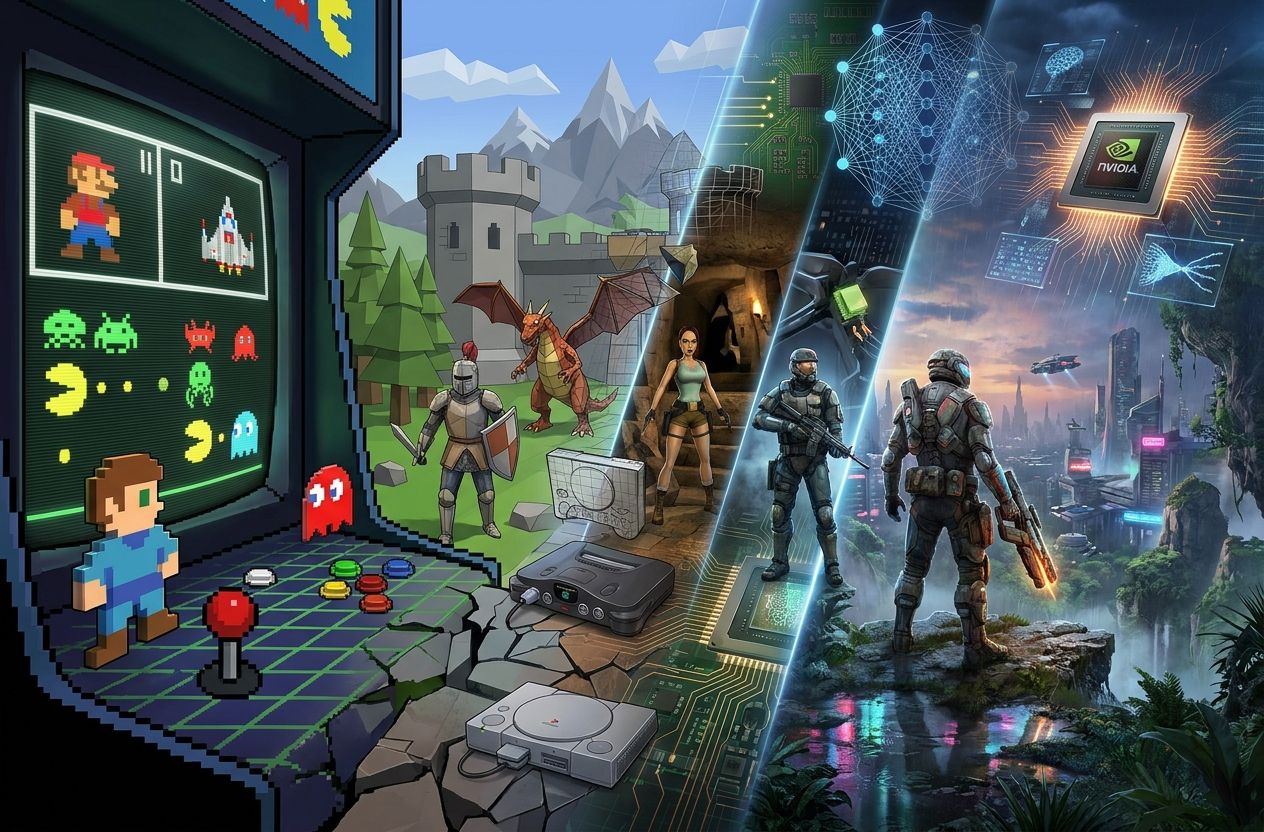 Illustration showing the evolution of video game graphics, from retro 8-bit pixel art and early 3D polygonal games to modern photorealistic worlds with ray tracing and advanced lighting effects