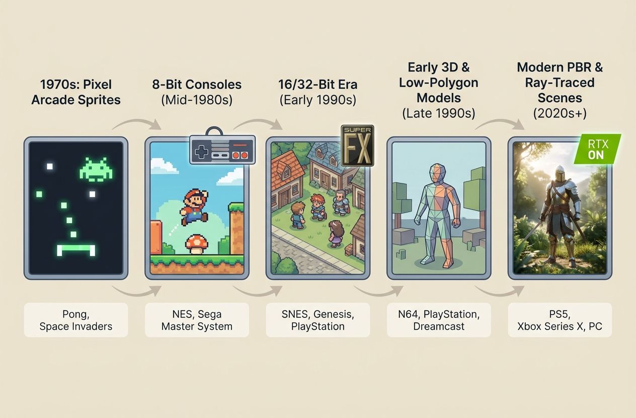 Timeline infographic showing key milestones in video game graphics from pixels to photorealism