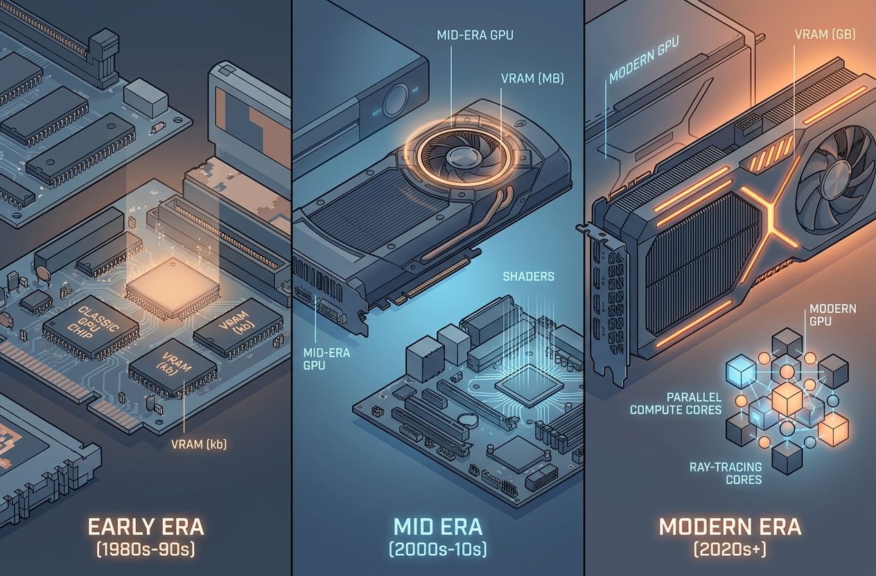 Comparison image of hardware evolution from retro consoles to modern GPUs highlighting VRAM and shader cores