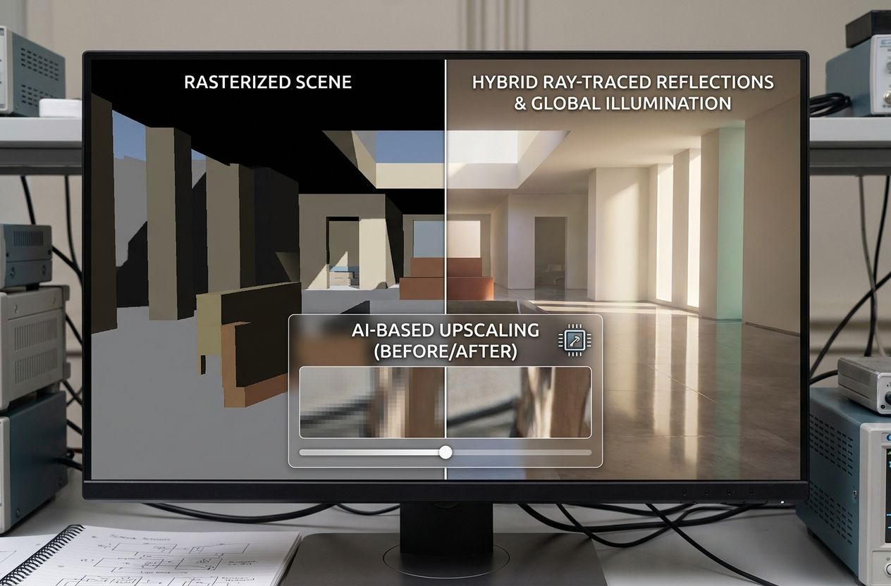 Split visualization comparing rasterization, ray tracing, and AI upscaling effects