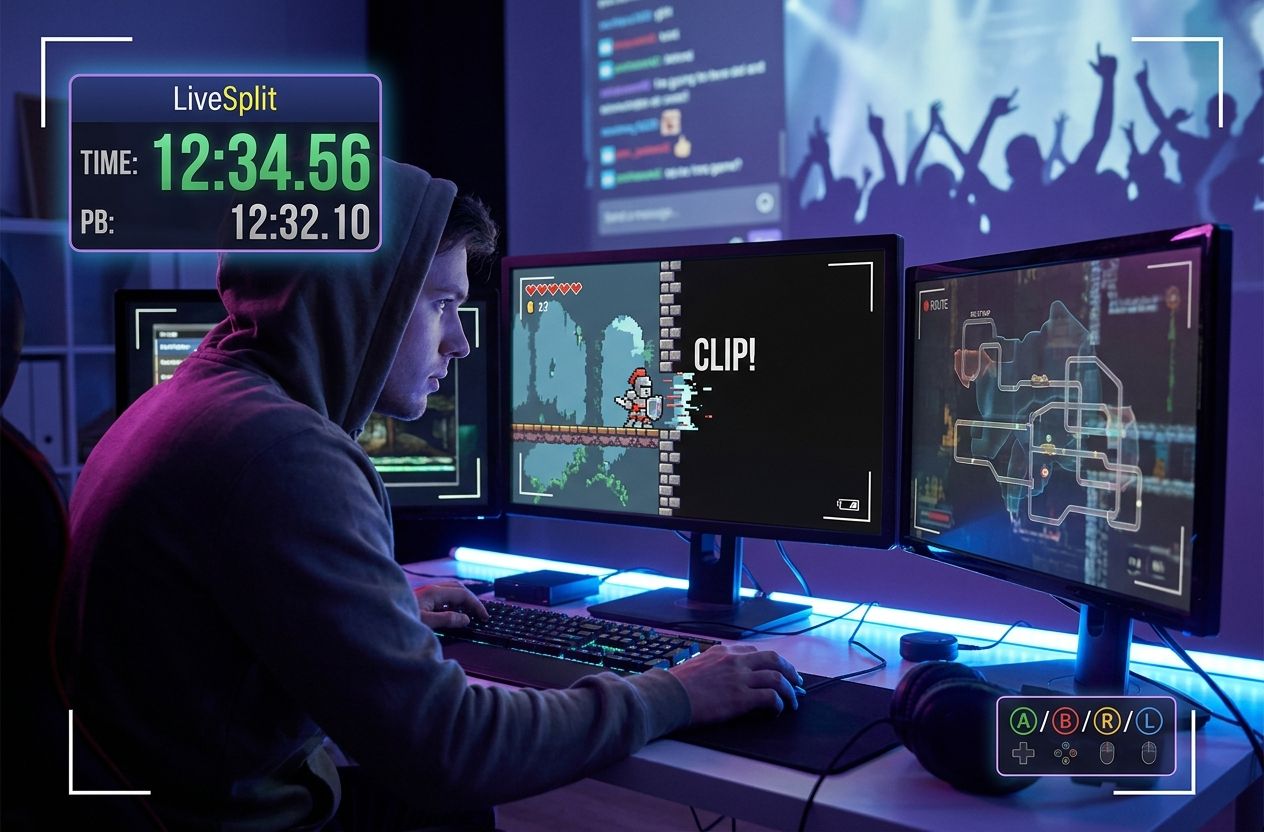 Speedrunner at a desk with multiple monitors showing a timed run, inputs overlay and a LiveSplit timer, illustrating precision and community engagement