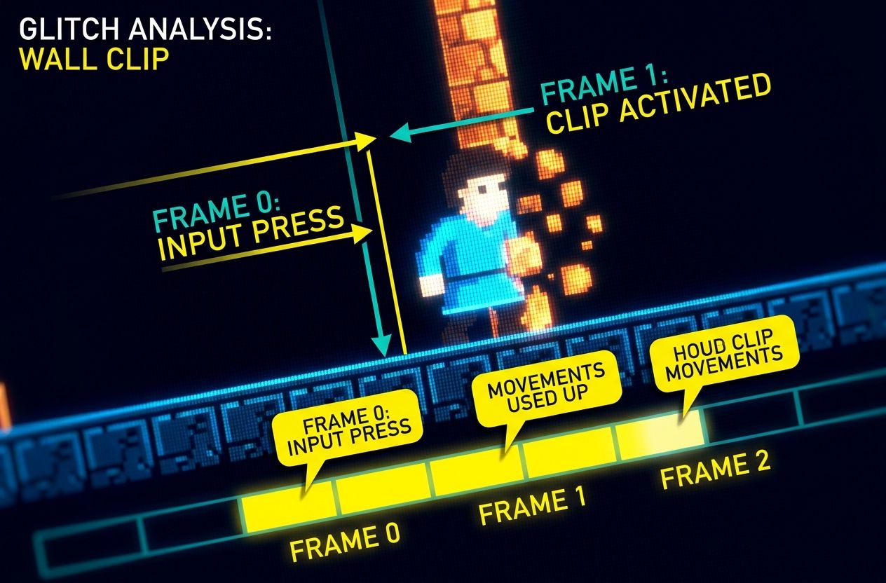Infographic-style close-up of frame-by-frame input timing and a glitch clipping through a wall