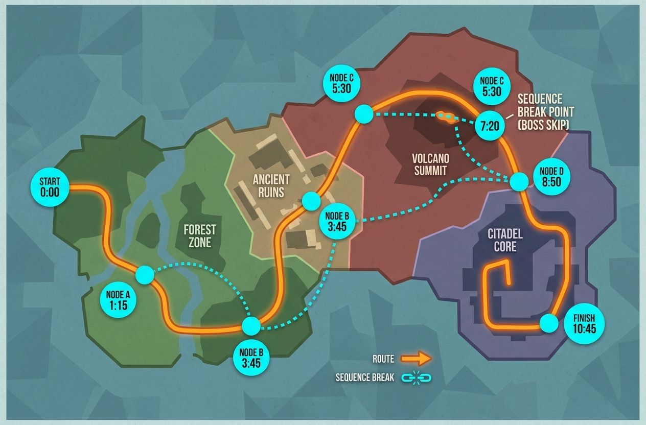 Vector-style route map showing optimized path, sequence breaks and timestamps