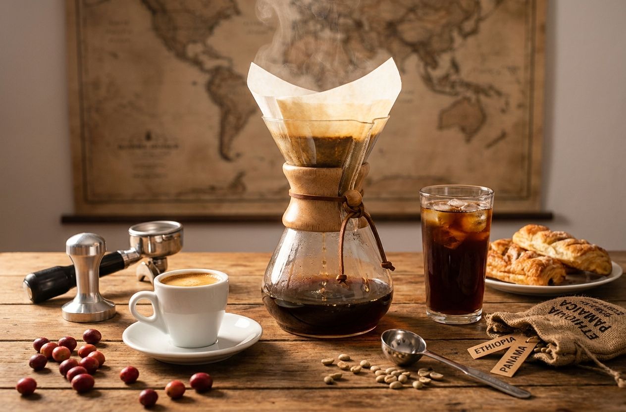 Assortment of coffee types and brewing methods on a wooden table: Chemex pour-over, espresso cup, cold brew and coffee cherries, representing the history and variety of coffee.