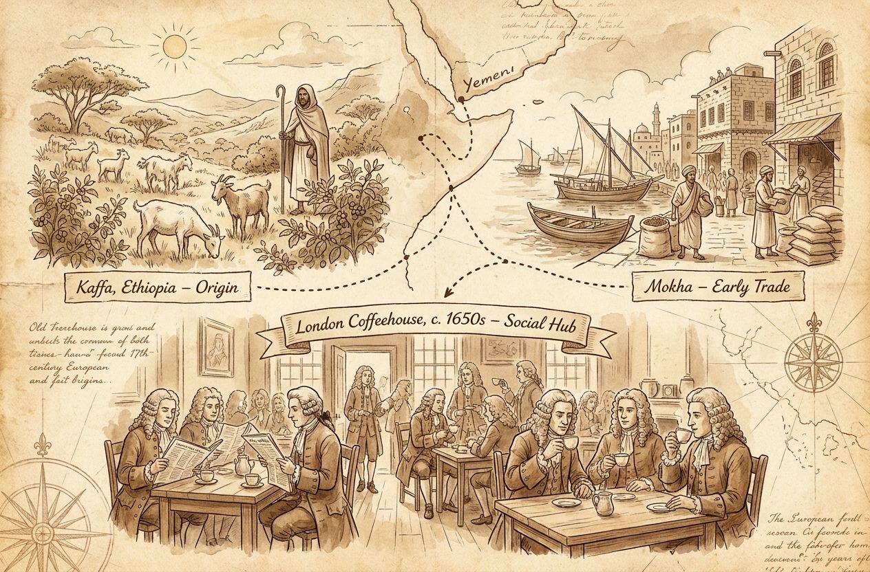 Historical collage depicting Ethiopia, Yemen and a 17th-century European coffeehouse, symbolizing the origin and global spread of coffee