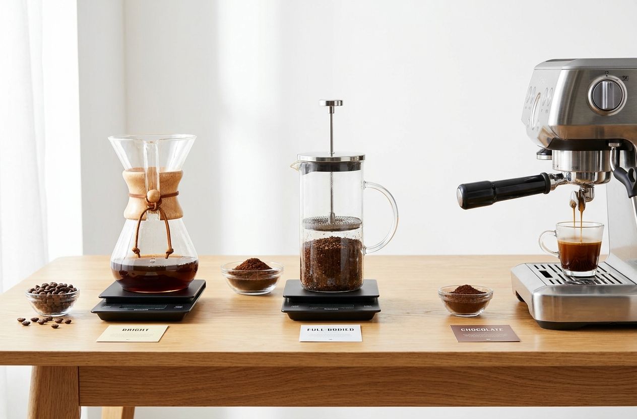 Three brewing methods — Chemex, French press and espresso shot — displayed with scales and flavor note cards for a clear comparison
