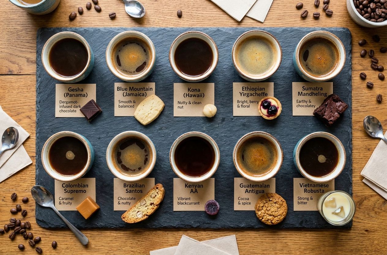 A tasting board with ten cupping cups labeled by origin and small pairing bites, representing the top-10 most appreciated coffees