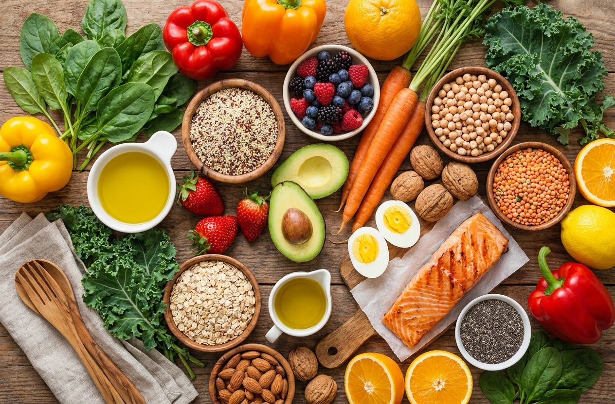 Overhead flat-lay photo of diverse healthy foods arranged on a wooden table showing vegetables, fruits, grains, legumes, nuts, and lean proteins
