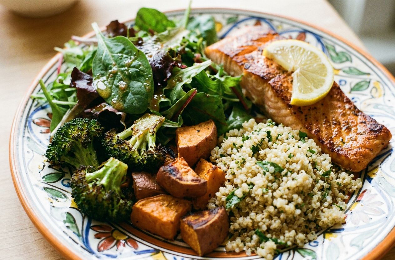 Plate with mixed greens, roasted vegetables, quinoa and grilled salmon