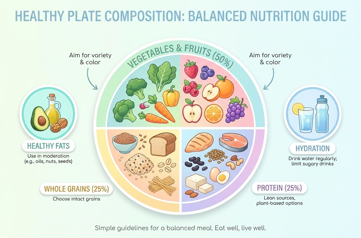 Infographic showing recommended plate composition for balanced meals