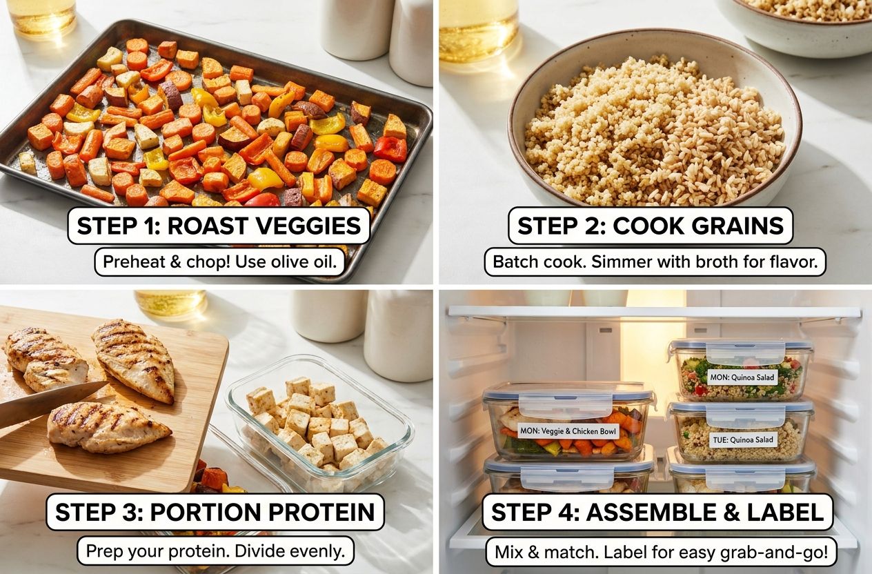 Meal prep collage showing roasted vegetables, grains and proteins portioned in containers