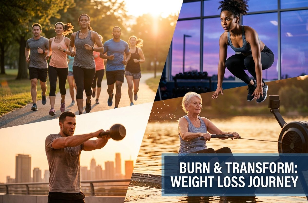 Collage of diverse people performing high-energy exercises—running, kettlebell swings, burpees and rowing—conveying effort and movement in a warm, motivational setting