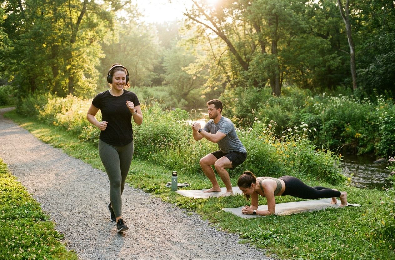 Beginner exercising outdoors: brisk walker and bodyweight circuit in park with morning light