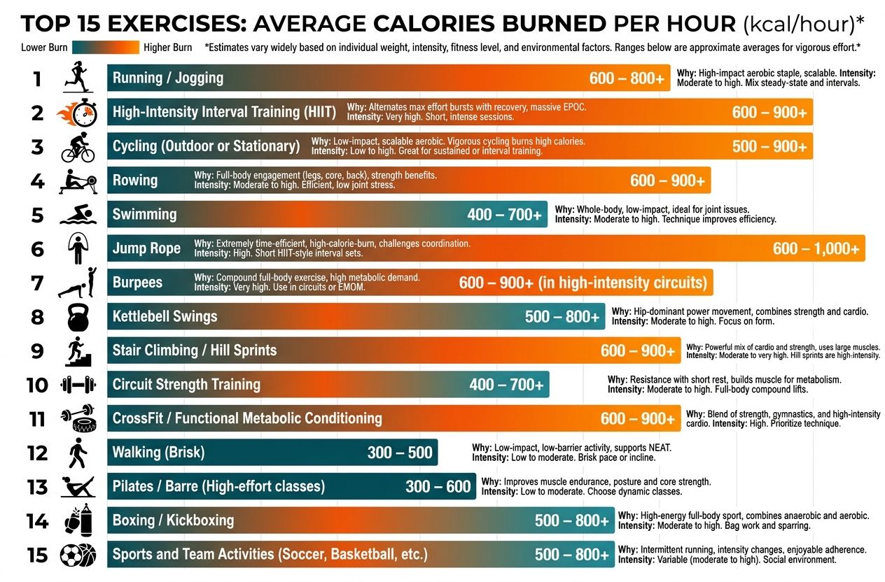 Infographic ranking the top 15 exercises by estimated calories burned per hour with clear icons and labels
