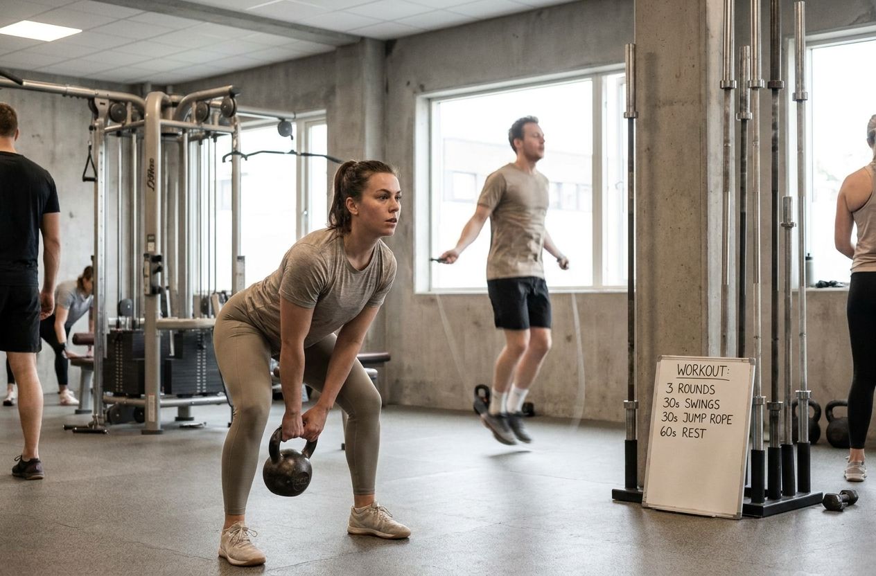 Gym scene showing kettlebell swings and jump rope with a visible sample workout on a whiteboard